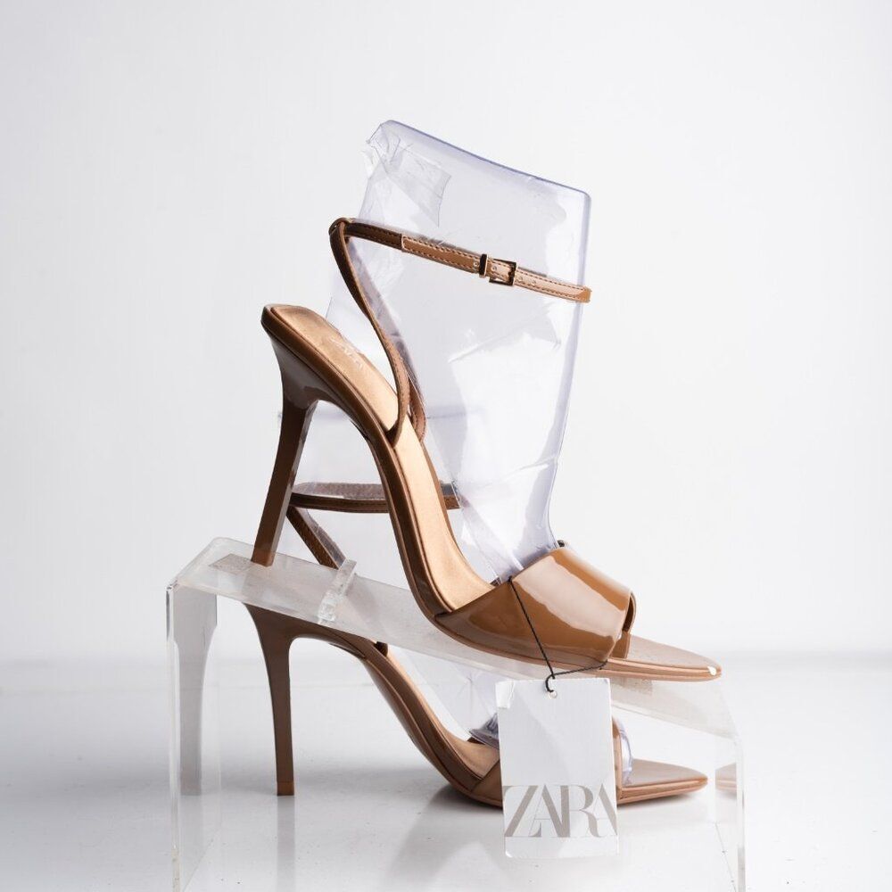 Zara Womens Glossy Mule Strappy Heels Brown US 7.5 EU 38 New with Defects - Picture 7 of 9